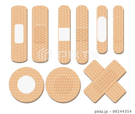 A set of medical bandages of various shapes. Various forms of adhesive tape for first aid. Medical icons. Vector 99244354