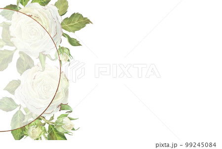 Watercolor illustration. Rectangular frame with white roses with translucent veil in a golden circle. Place for inscription or text. Isolated on a white background.For design of wedding invitation 99245084