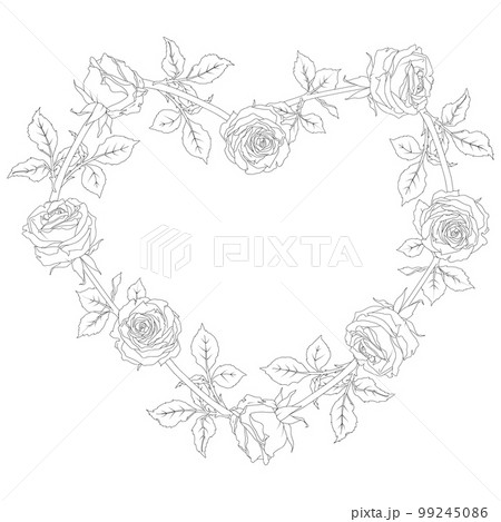 Heart wreath of a rose with stem and leaves in line art style. Vector illustration. Hand drawn outline flower. Black and white drawing. For the design of stickers, wedding invitations, greeting cards 99245086