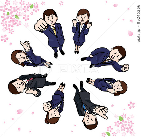 ガッツポーズする新社会人の男女8人と桜 99245266