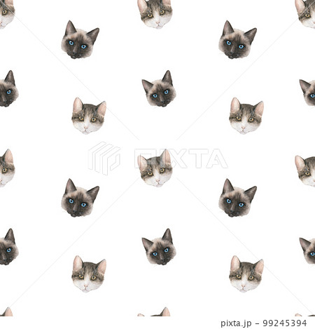 Seamless watercolor pattern with cats' heads on white background 99245394