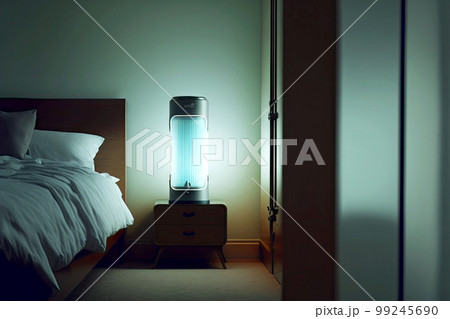 air purifier in room with high ceiling and glowing glass lamp 99245690