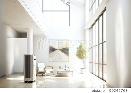 clean high ceilings and white walls in modern room with air purifier 99245763