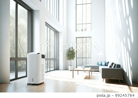 clean high ceilings and white walls in modern room with air purifier 99245764