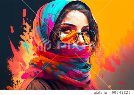portrait woman in scarf and mask on bright background digital illustration portrait woman in scarf and mask on bright background digital illustration 99245823