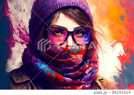 portrait woman in scarf and mask on bright background digital illustration portrait woman in scarf and mask on bright background digital illustration 99245824