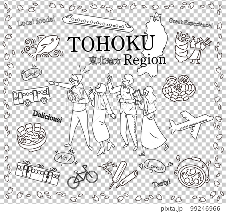 Tourists enjoying spring gourmet sightseeing in the Tohoku region of Japan, a set of icons (line drawing black and white) 99246966