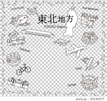 A set of spring gourmet tourism icons in the Tohoku region of Japan (line drawing black and white) 99246975