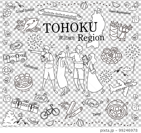 Tourists enjoying summer gourmet sightseeing in the Tohoku region of Japan, a set of icons (line drawing black and white) 99246978
