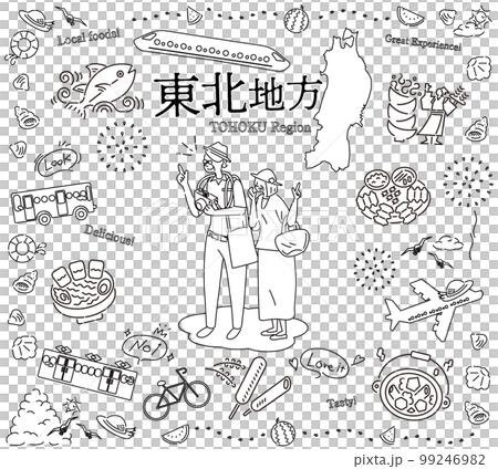 A senior couple enjoying summer gourmet sightseeing in the Tohoku region of Japan, a set of icons (line drawing black and white) 99246982