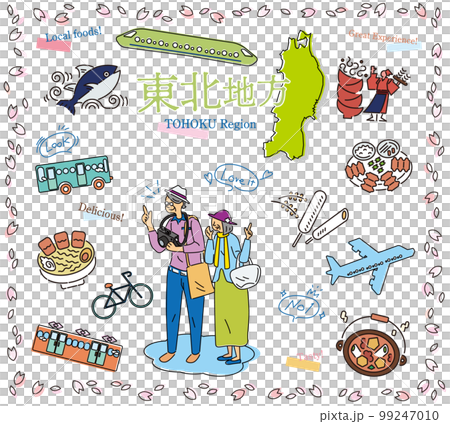 A senior couple enjoying spring gourmet sightseeing in the Tohoku region of Japan, a set of icons (line drawing) 99247010