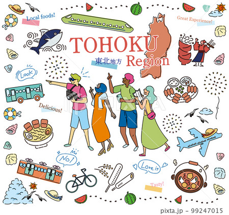 日本の東北地方の夏のグルメ観光を楽しむ観光客、アイコンのセット（線画） 99247015