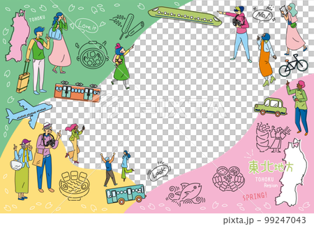 Tourists enjoying spring gourmet sightseeing in the Tohoku region of Japan, set of icons (line drawing) 99247043