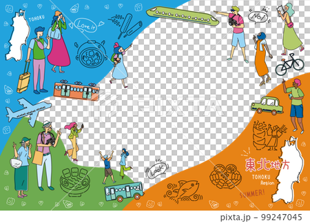 Tourists enjoying summer gourmet tourism in the Tohoku region of Japan, set of icons (line drawing) 99247045