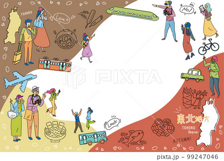 日本の東北地方の秋のグルメ観光を楽しむ観光客、アイコンのセット(線画) 日本の東北地方の秋のグルメ観光を楽しむ観光客、アイコンのセット(線画) 99247046