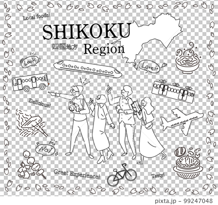 Tourists enjoying spring gourmet sightseeing in the Shikoku region of Japan, a set of icons (line drawing black and white) 99247048