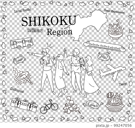 日本の四国地方の秋のグルメ観光を楽しむ観光客、アイコンのセット（線画白黒） 99247056
