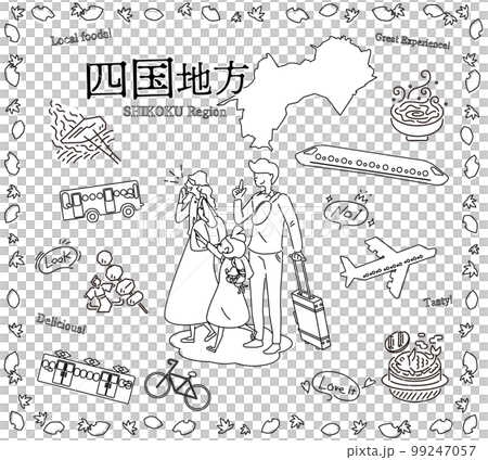 在日本四國地區享受秋季美食觀光的一家三口,一組圖標(黑白線描) 在日本四國地區享受秋季美食觀光的一家三口,一組圖標(黑白線描) 99247057