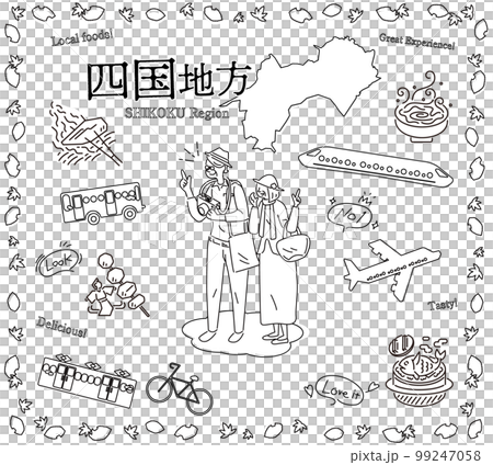日本の四国地方の秋のグルメ観光を楽しむシニア夫婦、アイコンのセット（線画白黒） 99247058