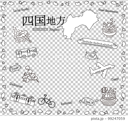 A set of autumn gourmet tourism icons in the Shikoku region of Japan (line drawing black and white) 99247059