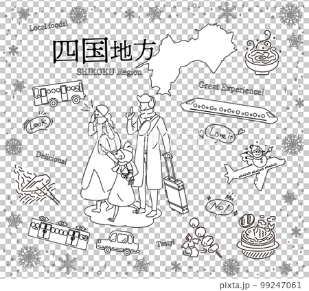 A family of three who enjoys winter gourmet sightseeing in the Shikoku region of Japan, a set of icons (line drawing black and white) 99247061