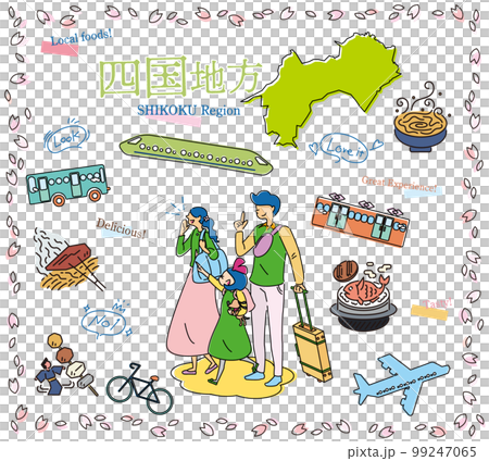 A family of three enjoying spring gourmet sightseeing in the Shikoku region of Japan, a set of icons (line drawing) 99247065