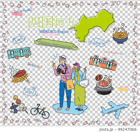 A senior couple enjoying spring gourmet sightseeing in the Shikoku region of Japan, a set of icons (line drawing) 99247066