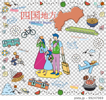 日本の四国地方の夏のグルメ観光を楽しむ三人家族、アイコンのセット（線画） 99247069