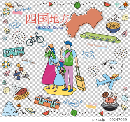 A family of three who enjoys summer gourmet sightseeing in the Shikoku region of Japan, a set of icons (line drawing) 99247069