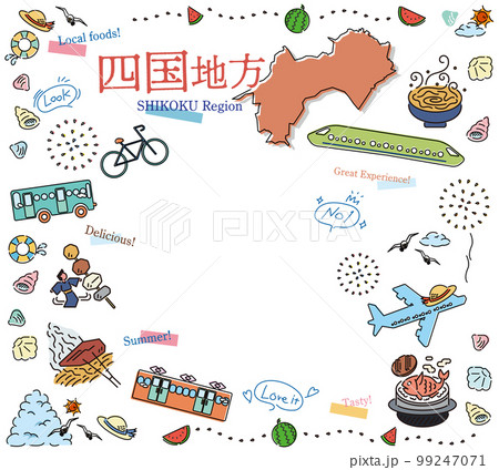日本の四国地方の夏のグルメ観光のアイコンのセット（線画） 99247071