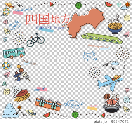 日本の四国地方の夏のグルメ観光のアイコンのセット（線画） 99247071
