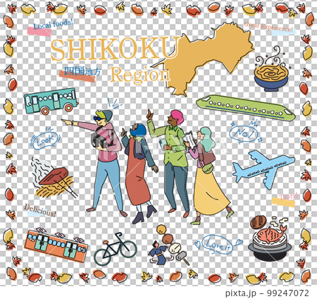Tourists enjoying autumn gourmet sightseeing in the Shikoku region of Japan, a set of icons (line drawing) 99247072