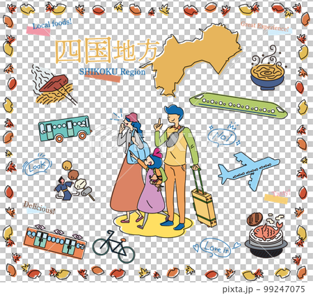 在日本四國地區享受秋季美食觀光的一家三口,一組圖標(畫線) 在日本四國地區享受秋季美食觀光的一家三口,一組圖標(畫線) 99247075