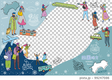 Tourists enjoying winter gourmet sightseeing in the Shikoku region of Japan, a set of icons (line drawing) 99247086