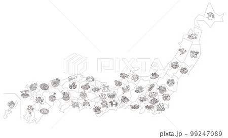日本全国のグルメ、アイコンのセット(線画白黒) 日本全国のグルメ、アイコンのセット(線画白黒) 99247089