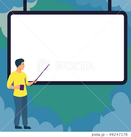 Man pointing with pointer stick to important information written on whiteboard. Large Conversation Balloon with New Ideas. Blank speech bubble contains Recent Updates. 99247176