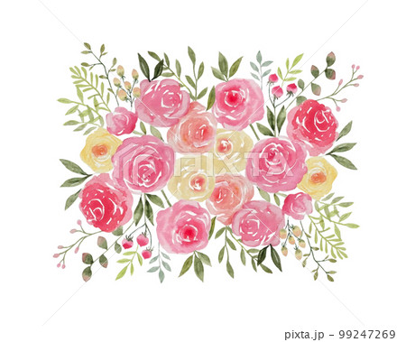 ピンクの薔薇の水彩のおしゃれな花束 99247269