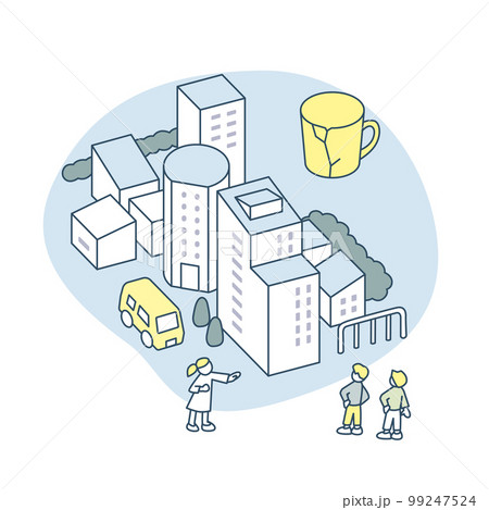 割れたカップと戸惑う人々。 身の周りに必要なカトラリー 99247524