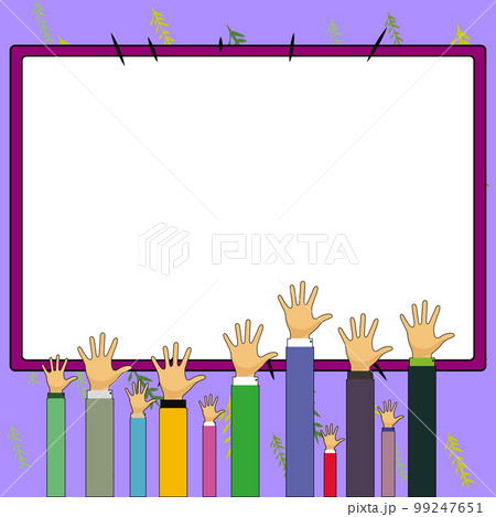 Hands raised up pointing to whiteboard with important information. Big white text holder behind main object contains message. Empty speech bubble on colored background. 99247651