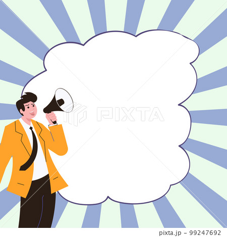 Businessman Presenting Important Information with megaphone. Man Having Sound Device In Hand And Main Information. Critical Announcements Displayed With Drawings Around. 99247692