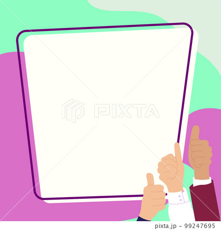 Big finger raised up pointing to whiteboard with important information. White text holder behind hands contains main message. Empty speech bubble on bright colored background. Big finger raised up pointing to whiteboard with important information. White text holder behind hands contains main message. Empty speech bubble on bright colored background. 99247695