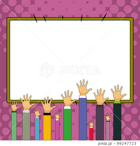 Hands raised up pointing to whiteboard with important information. Big white text holder behind main object contains message. Empty speech bubble on colored background. Hands raised up pointing to whiteboard with important information. Big white text holder behind main object contains message. Empty speech bubble on colored background. 99247723