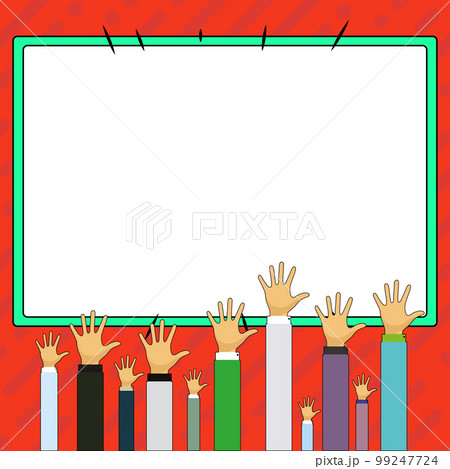 Hands raised up pointing to whiteboard with important information. Big white text holder behind main object contains message. Empty speech bubble on colored background. Hands raised up pointing to whiteboard with important information. Big white text holder behind main object contains message. Empty speech bubble on colored background. 99247724