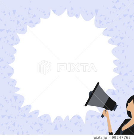 Woman Presenting Important Information with megaphone. Girl holding amplifier. Device in hand. Big White Speech Bubble with text on bright colored background. 99247765