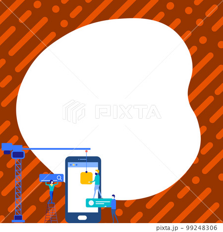 Mobile phone with information on the screen. Bright color illustration with important information. Big white speech bubble for text. Agenda. Critical Updates Displayed. 99248306