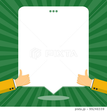 Big finger raised up pointing to whiteboard with information. White text holder behind hands contains main message. Empty speech bubble on bright colored background. 99248339