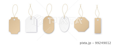Set of tags or sale vector shopping labels with rope . White paper and brown kraft realistic material. Flat design isolated vector 99249012