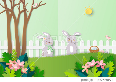 Easter greeting card on paper art background with cute rabbits happy in beautiful spring garden Easter greeting card on paper art background with cute rabbits happy in beautiful spring garden 99249051