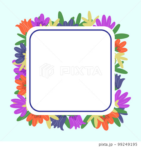 Light Blue Frame Decorated With Colorful Flowers And Foliage Arranged Harmoniously. Empty Poster Border Surrounded By Multicolored Bouquet Organized Pleasantly. Light Blue Frame Decorated With Colorful Flowers And Foliage Arranged Harmoniously. Empty Poster Border Surrounded By Multicolored Bouquet Organized Pleasantly. 99249195