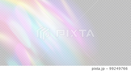 Rainbow light prism effect, transparent background. Hologram reflection, crystal flare leak shadow overlay. Vector illustration of abstract blurred iridescent light backdrop. 99249766
